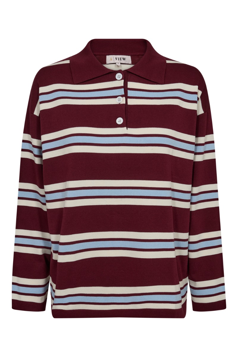 A-View - Bluse - Polo Long Sleeve Stripe Knit Blouse - Burgundy/white/blue