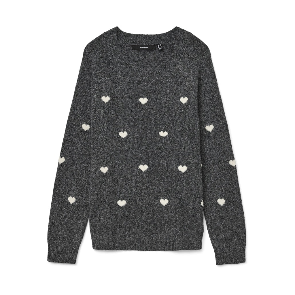 VERO MODA DAME STRIKTRØJE VMDOFFY - Dark Grey Melange White Hearts