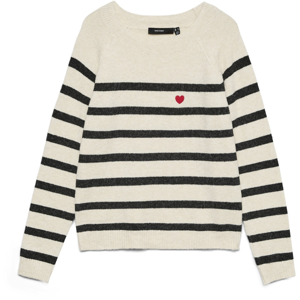 VERO MODA Dame Pullover VMDoffy - Birch Black Stripes and Ribbon Red Harts