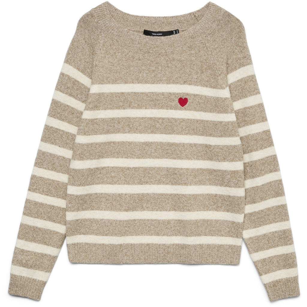 VERO MODA Dame Pullover VMDoffy - Sepia Tint Birch Stripe And Ribbon Red Heart