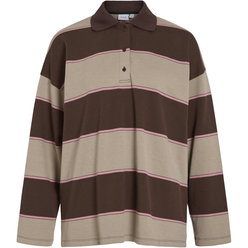 VILA dame polo VIBALO - Coffee Bean Stripes PINK + BEIGE
